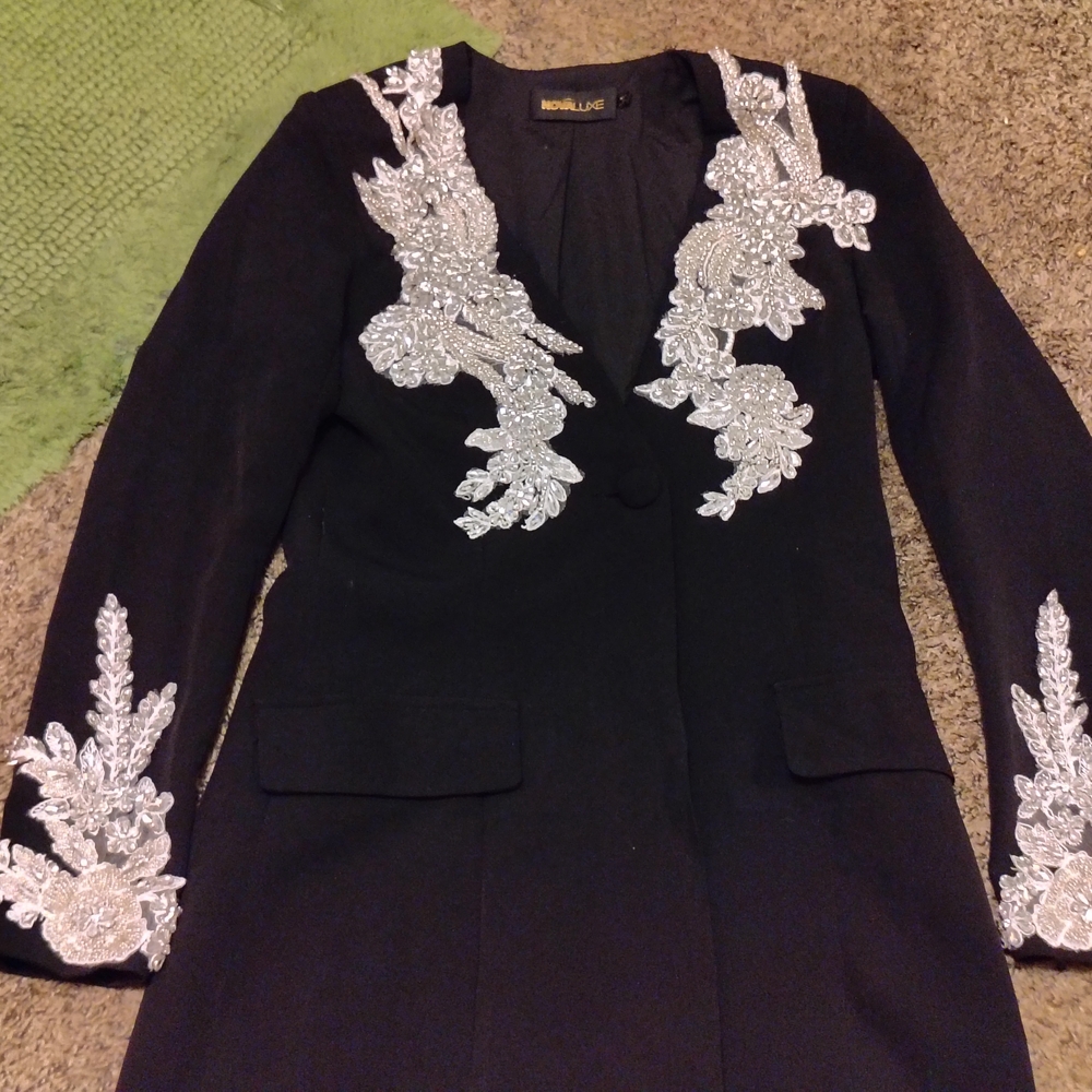 Fashion Nova Black and Silver Blazer with Ornate Detailing